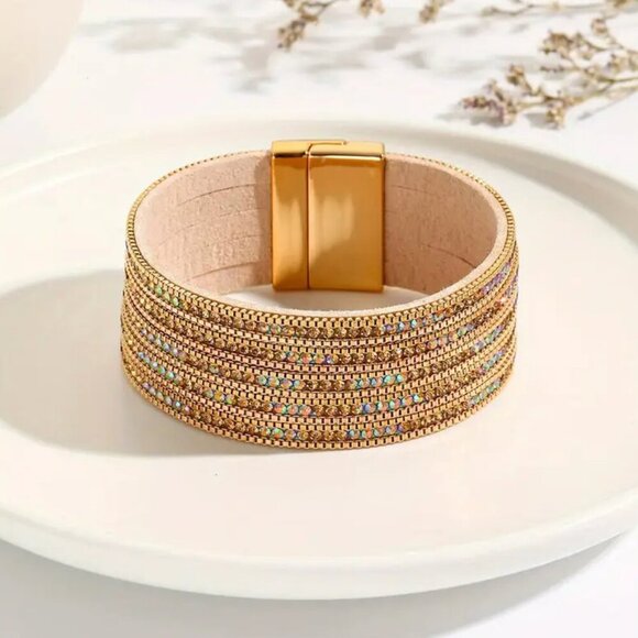 New Rhinestone Gold Cuff Multi Layer Bangle look Boho Chic Bracelet NWT - Picture 3 of 6